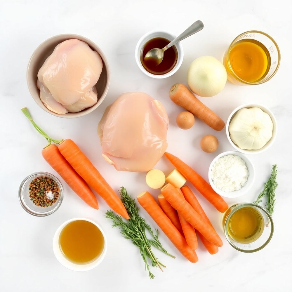 Raw ingredients for Slow Cooker Chicken and Gravy including chicken, potatoes, carrots, onions, and seasonings