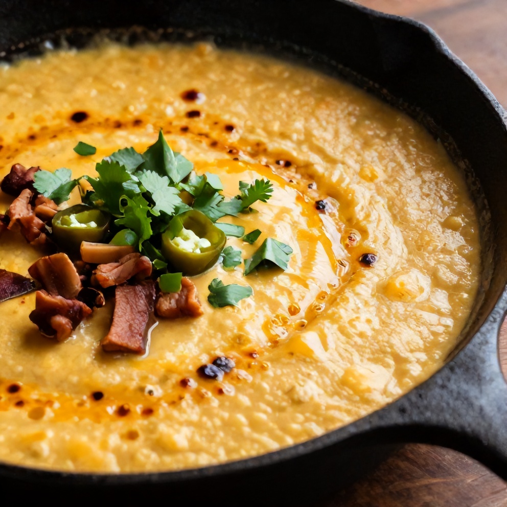 Bubbling smoked queso dip served in a cast iron skillet with tortilla chips
