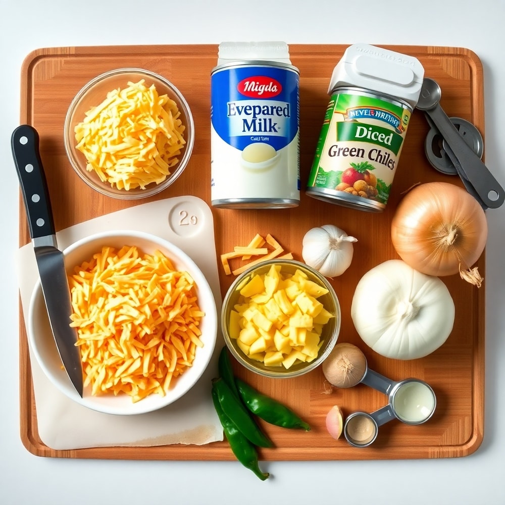 Raw ingredients for smoked queso dip arranged on a wooden cutting board