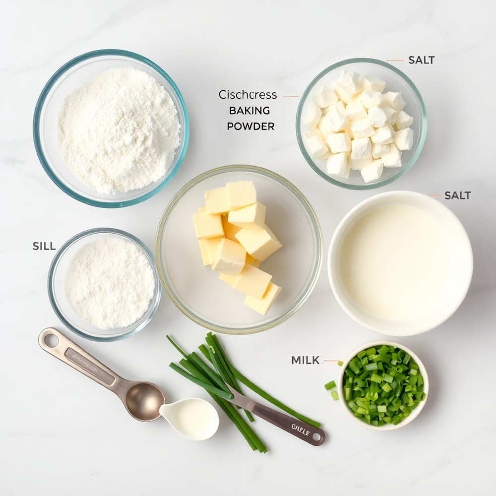 Raw ingredients for sour cream and onion biscuits on a marble surface