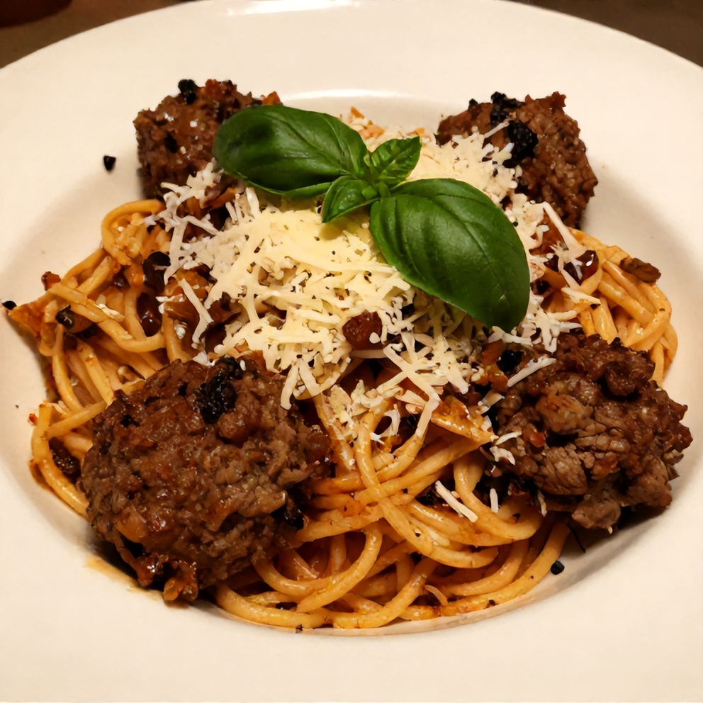Plated Spaghetti and Meatballs with grated Parmesan