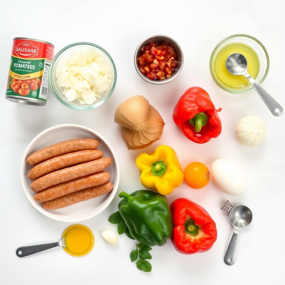 Raw ingredients for Spicy Chicken Sausage Shakshuka