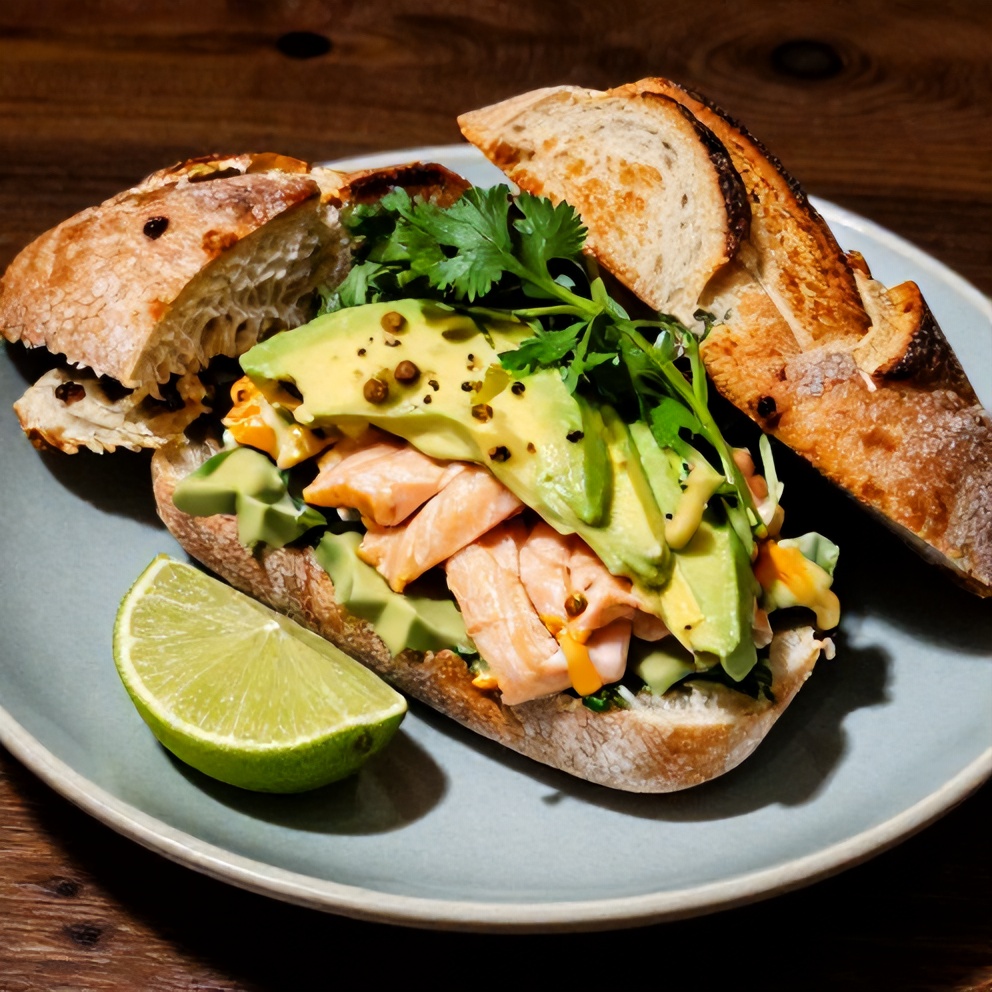 Spicy Salmon Salad Sandwich on a plate with a side of fries