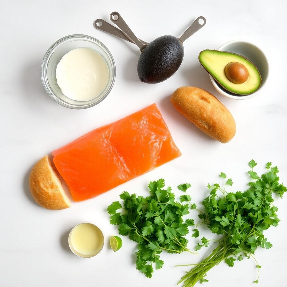 Raw ingredients for Spicy Salmon Salad Sandwich on a marble surface