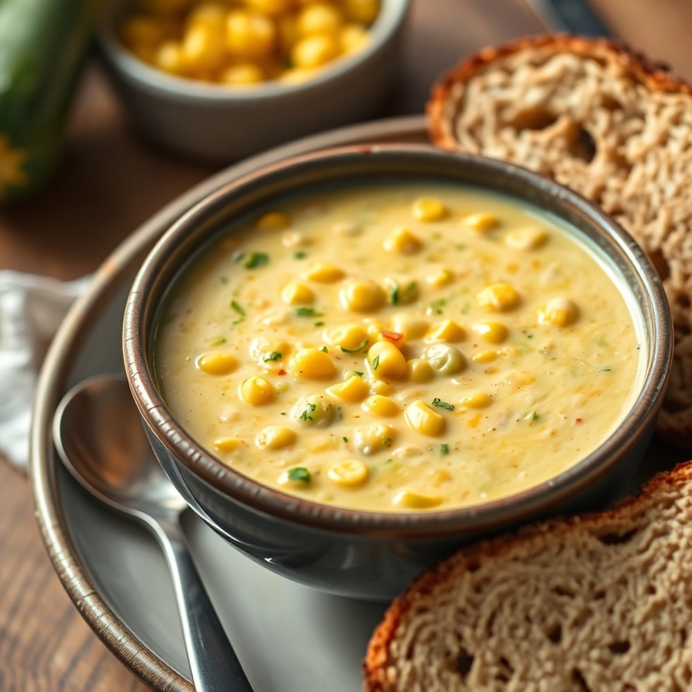 Bowl of creamy corn and zucchini chowder with crusty bread