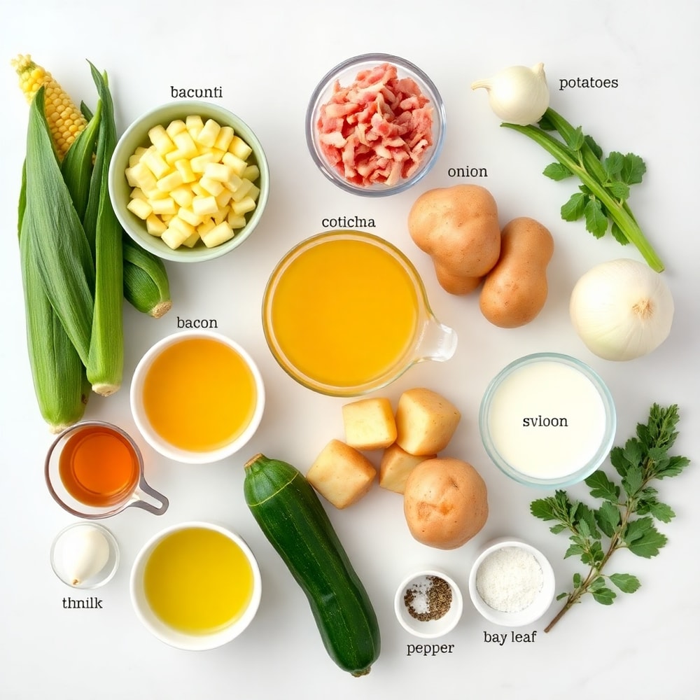 Raw ingredients for summer corn and zucchini chowder