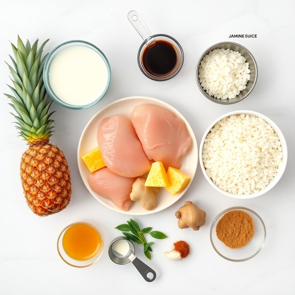Raw ingredients for Sweet and Savory Pineapple Chicken and Rice