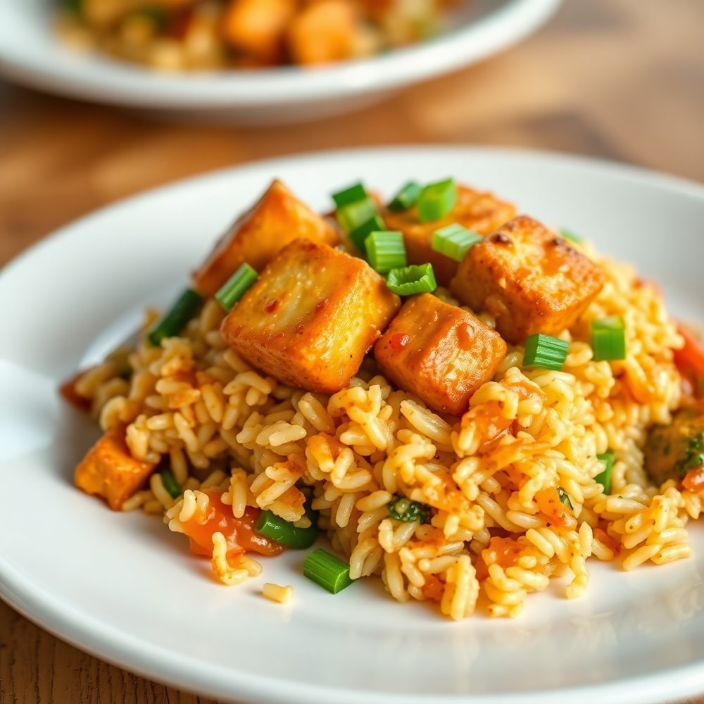 One perfect plated serving of Teriyaki Tofu Rice Casserole on a white plate, garnished with green onions, showing crispy tofu, golden rice, and steamed veggies. Warm side lighting highlighting texture.