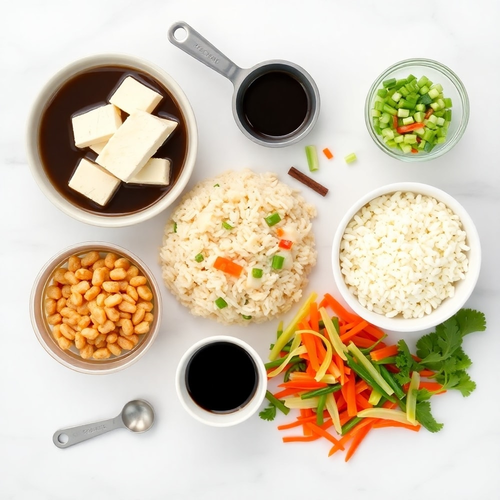 Raw ingredients for Teriyaki Tofu Rice Casserole arranged in an overhead flat lay: firm tofu, teriyaki sauce, rice, mixed veggies, and soy sauce. Measuring spoons and bowls visible on a white marble surface.