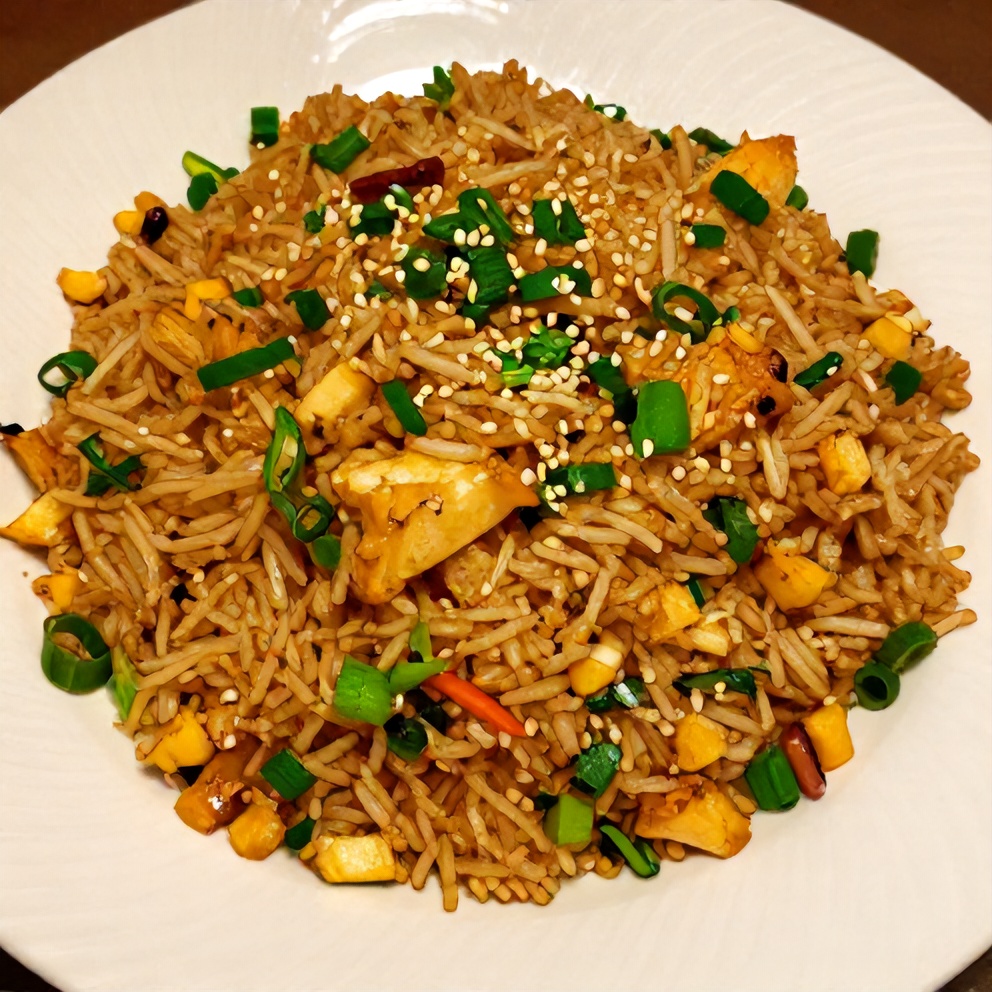 Plated Thai Pineapple Fried Rice with green onions and sesame seeds