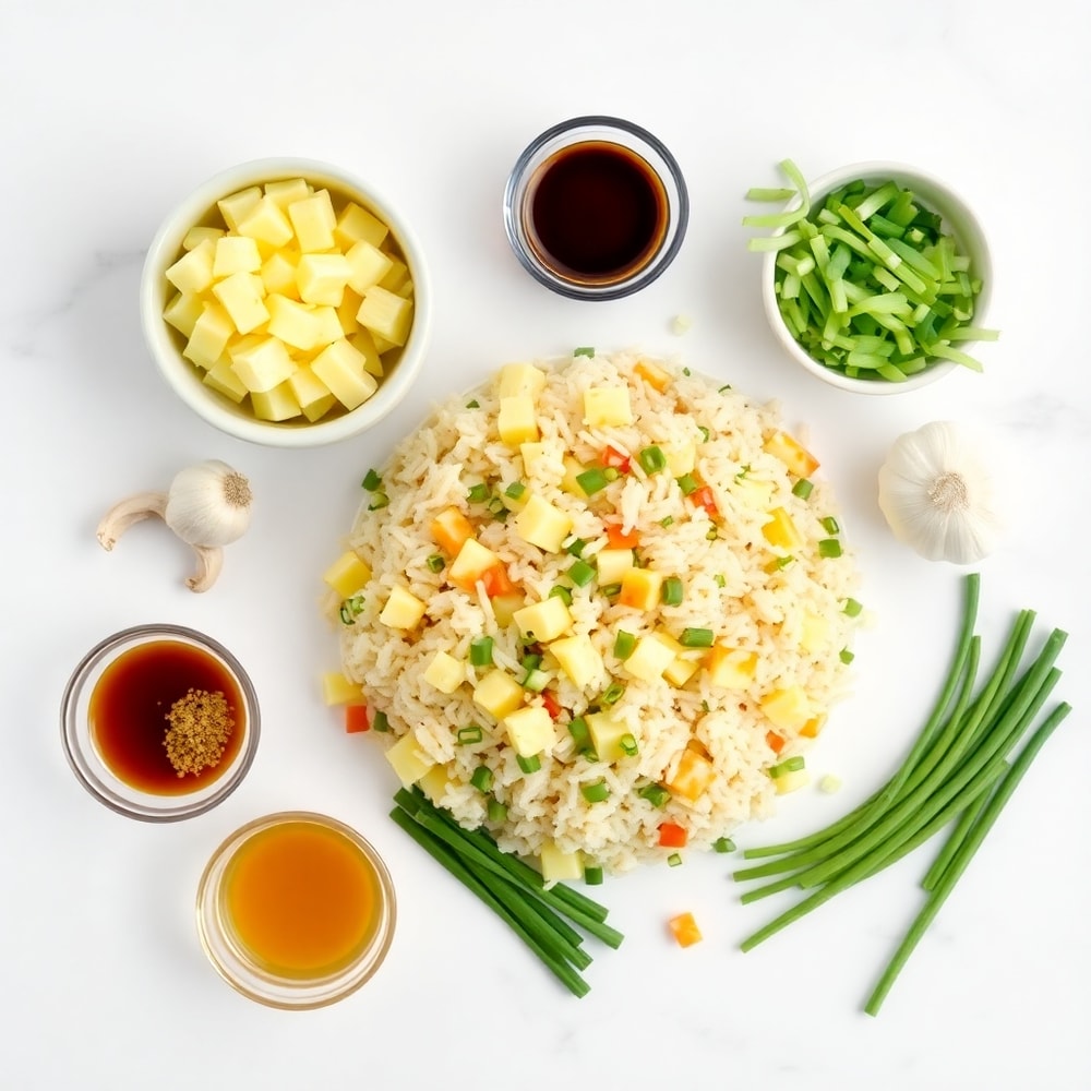 Raw ingredients for Thai Pineapple Fried Rice on a white marble surface