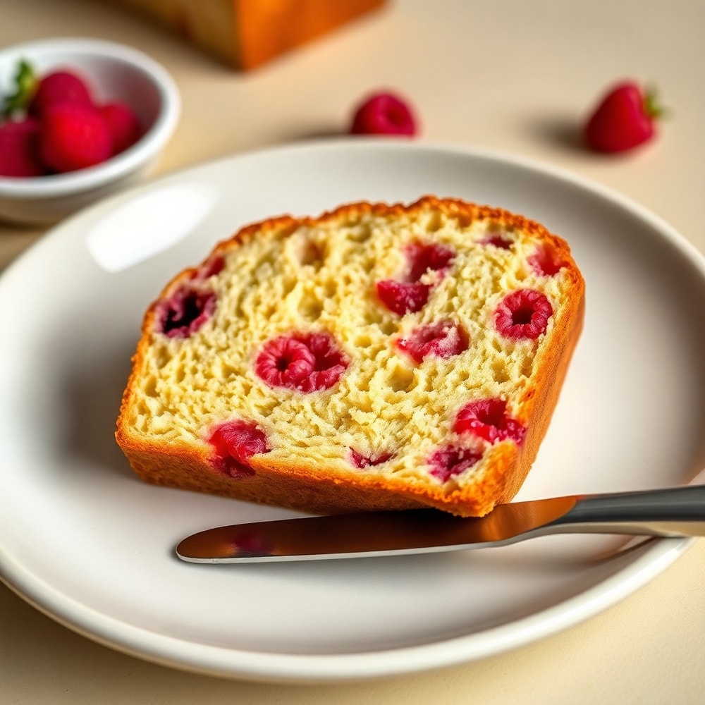 Sliced Raspberry Bread on a plate with a knife
