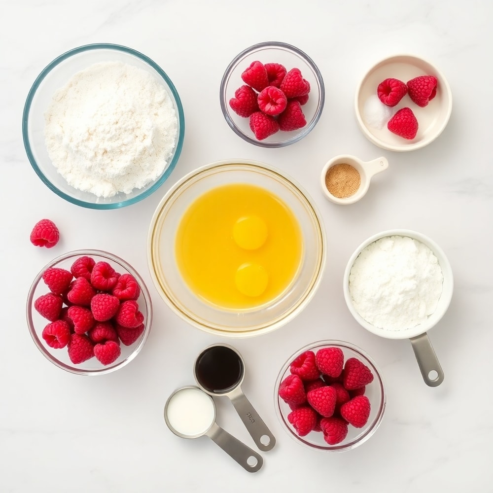 Raspberries, flour, sugar, eggs, and butter in prep bowls
