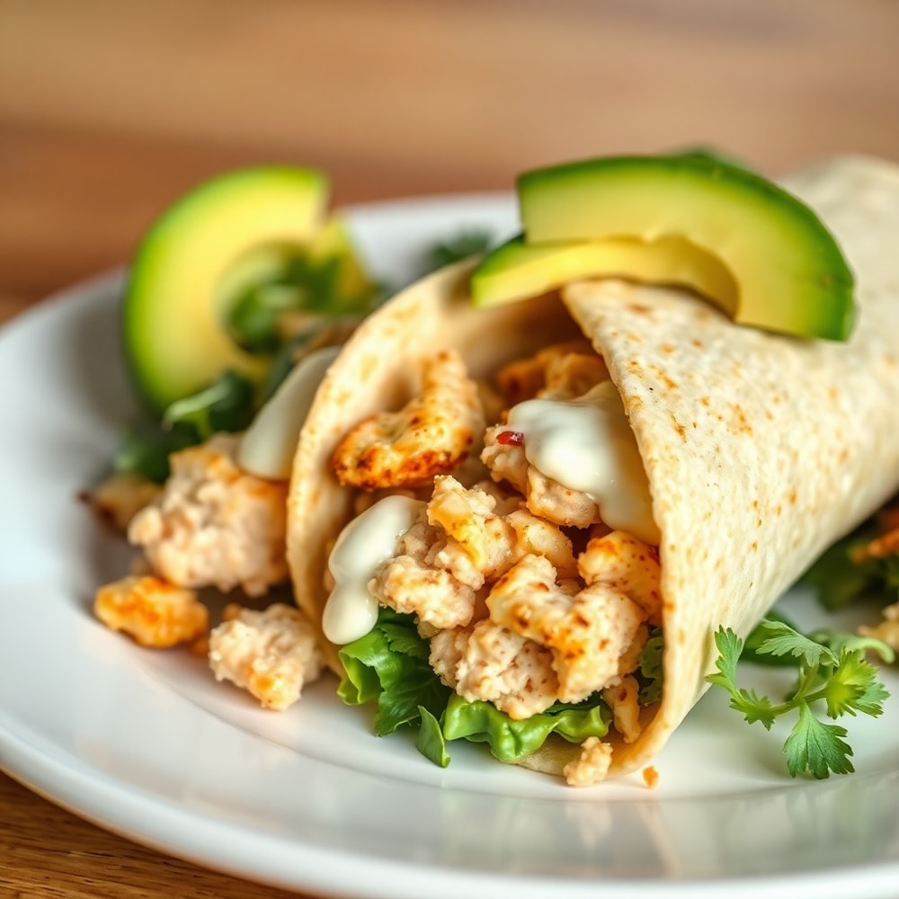 Plated Ultimate Chicken Caesar Wrap with crispy tortilla and creamy Caesar dressing
